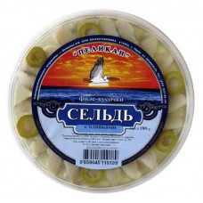 Сельдь филе-кусочки в масле «Бухта Пеликанoff» с оливками, 180 г